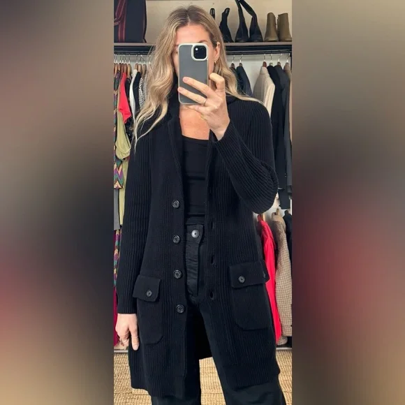 Ralph Lauren Black Knit Ribbed Button Down Shawl Collar Utility Cardigan Sweater - Picture 3 of 13